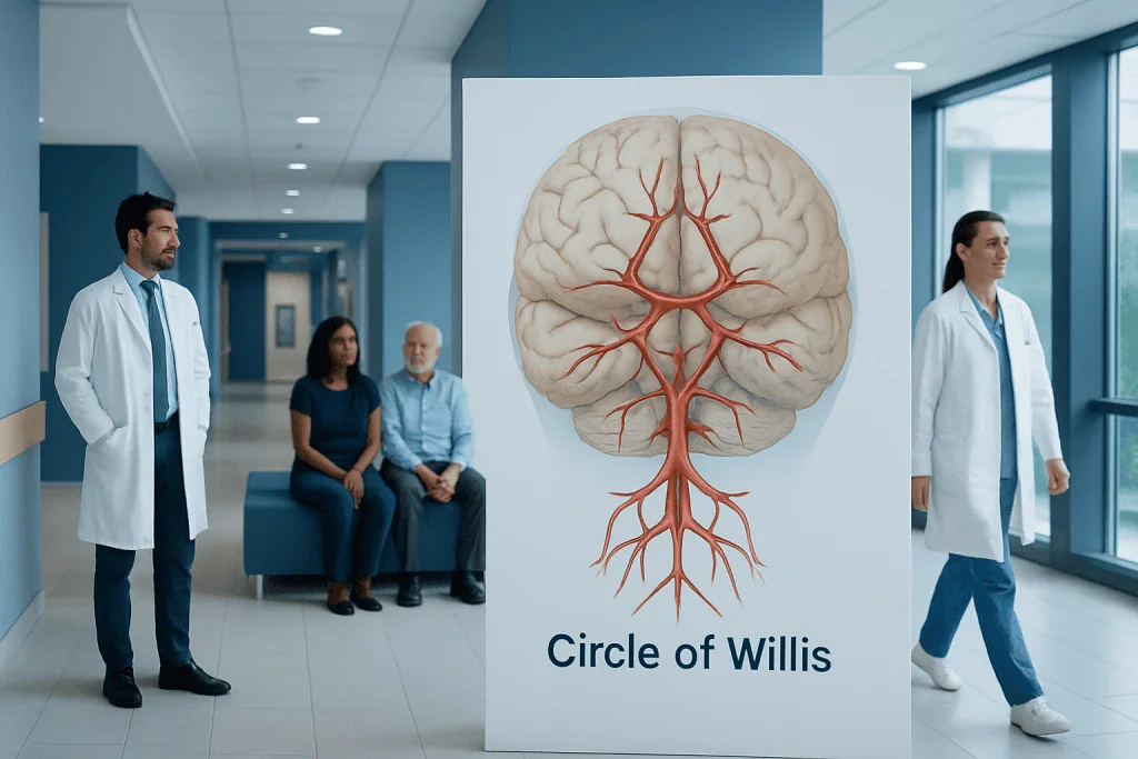 Circle of Willis: A Complete Medical Overview 1 Medical professionals and patients in hospital corridor with Circle of Willis diagram.