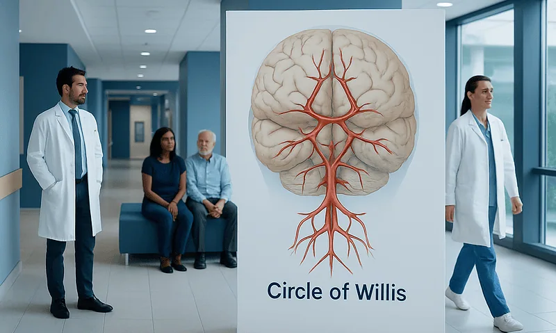 Medical professionals and patients in hospital corridor with Circle of Willis diagram.