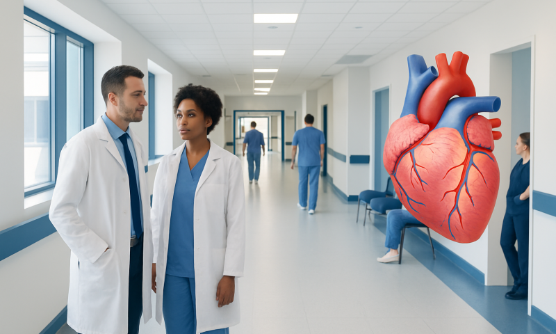 Medical professionals discussing in hospital corridor with heart illustration.
