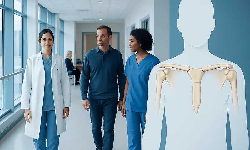 Medical professionals discussing shoulder anatomy in hospital corridor.