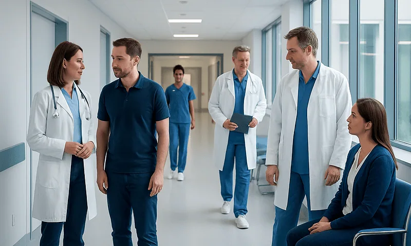 Medical team discussing patient care in hospital corridor.