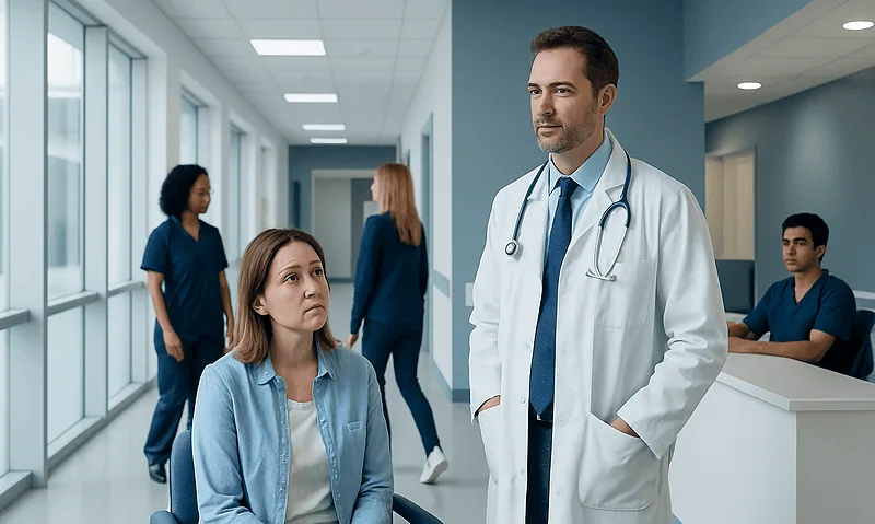 Doctor consulting a patient in a hospital corridor with staff in the background.