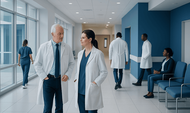 Medical professionals discussing in a hospital corridor with patients and staff nearby.
