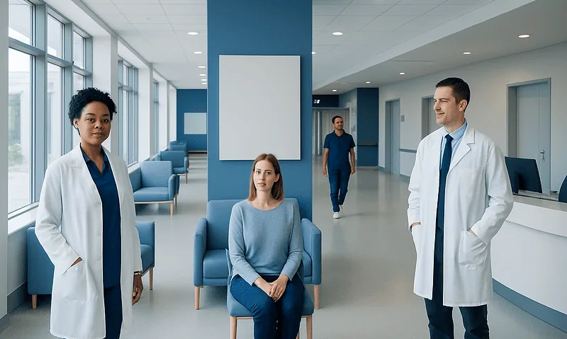 Medical consultation room with healthcare professionals and patient at Acibadem Hospitals.