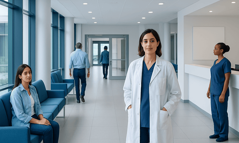 Healthcare professionals in a modern hospital corridor.