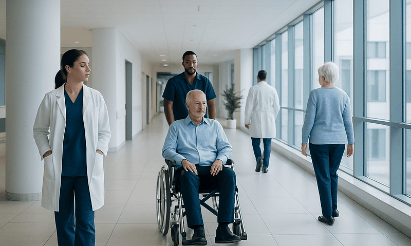 Hospital corridor with medical staff and a patient in a wheelchair.