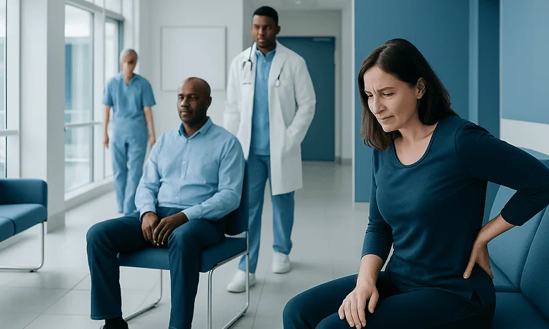 Patient experiencing lower back pain in a hospital corridor.