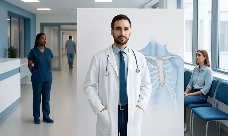 Doctor standing in hospital corridor with medical staff and patient in background.