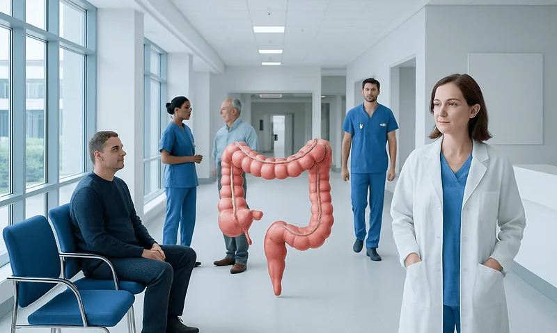 Medical professionals discuss colon health in a hospital corridor.