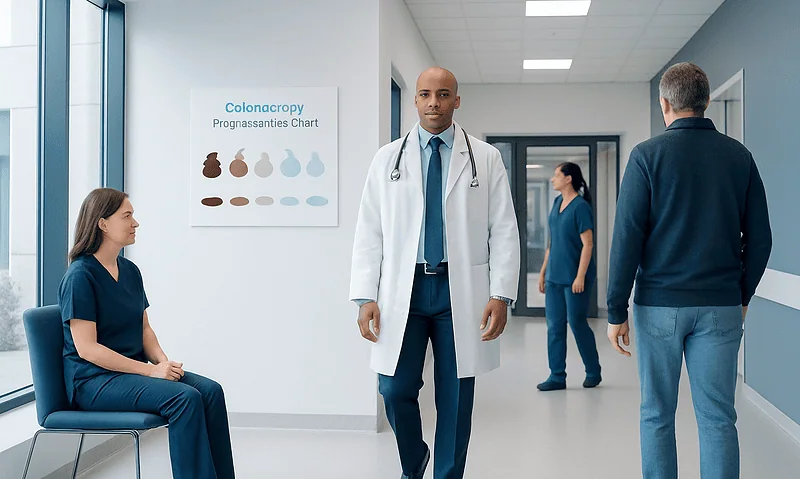 Doctor and patients in a hospital corridor with a colonoscopy prep chart.