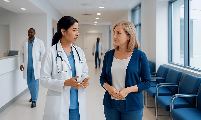 Medical professionals consulting with a patient in a hospital corridor.
