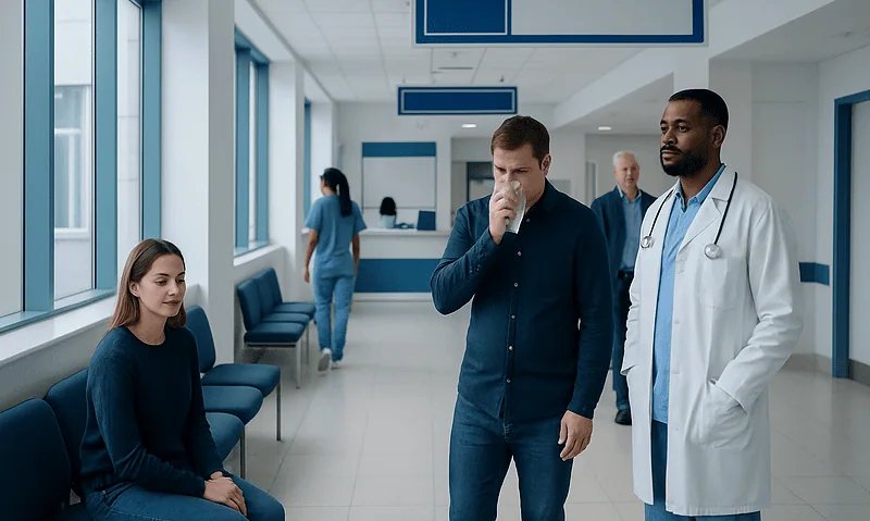 Doctor consulting with a patient in a hospital corridor.
