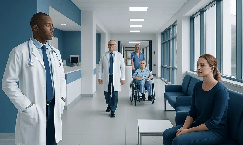Medical team consulting with a patient in hospital corridor.