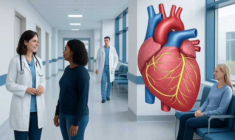 Medical professionals discuss heart health in hospital corridor with heart diagram.