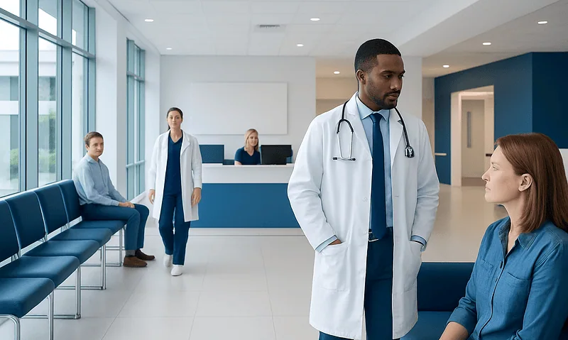 Medical consultation in a modern hospital waiting area with doctors and patients.