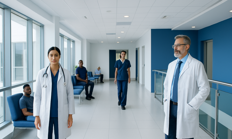Healthcare professionals in a modern hospital corridor with patients in the background.