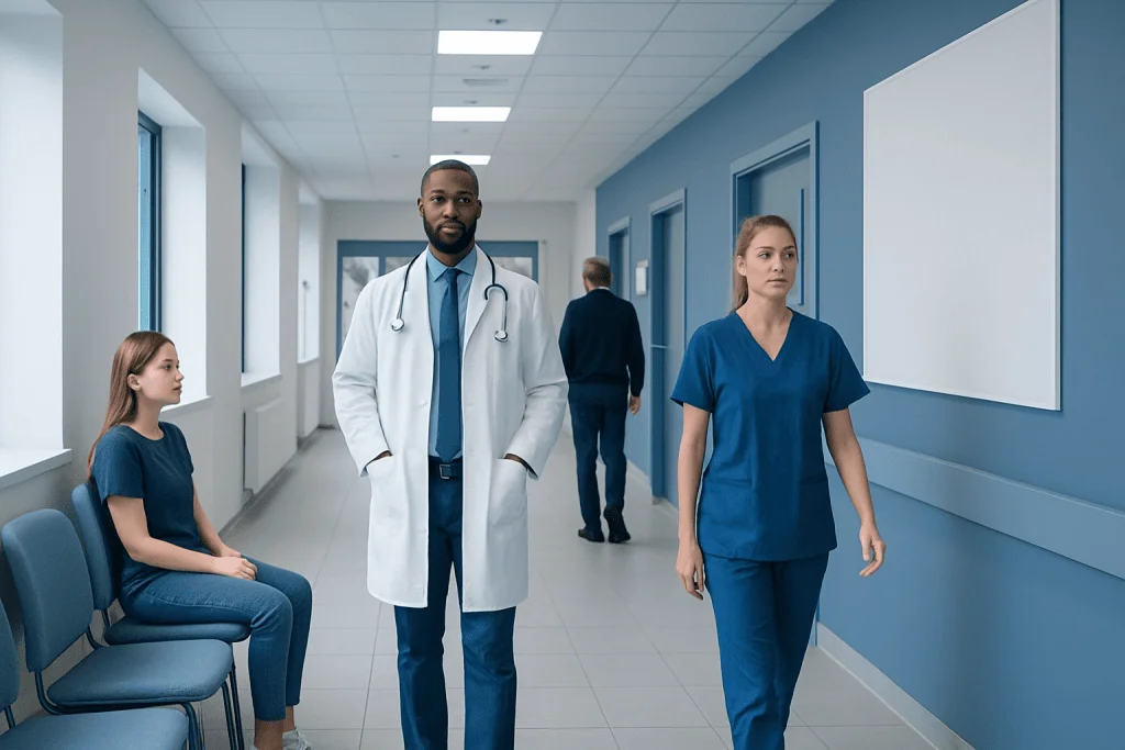 Cori Cycle — Explained by Medical Evidence, Not Myths 1 Medical professionals walking in hospital corridor with patients nearby.