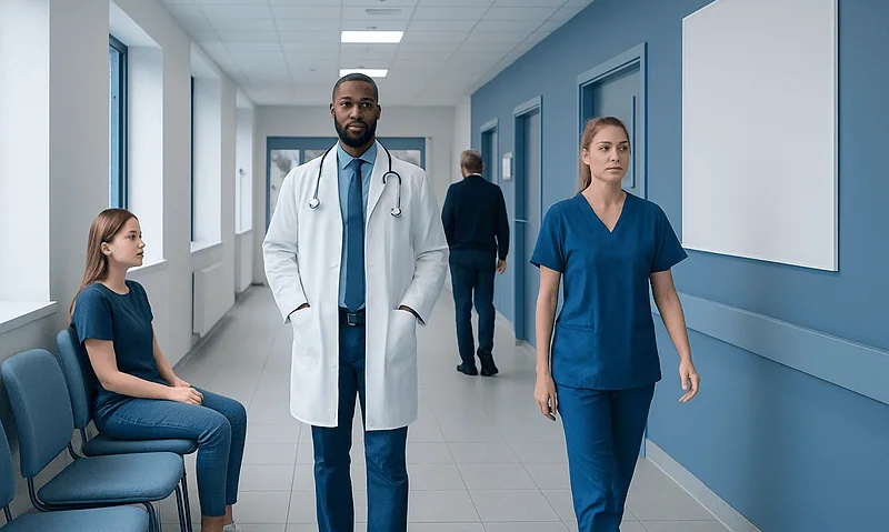 Medical professionals walking in hospital corridor with patients nearby.