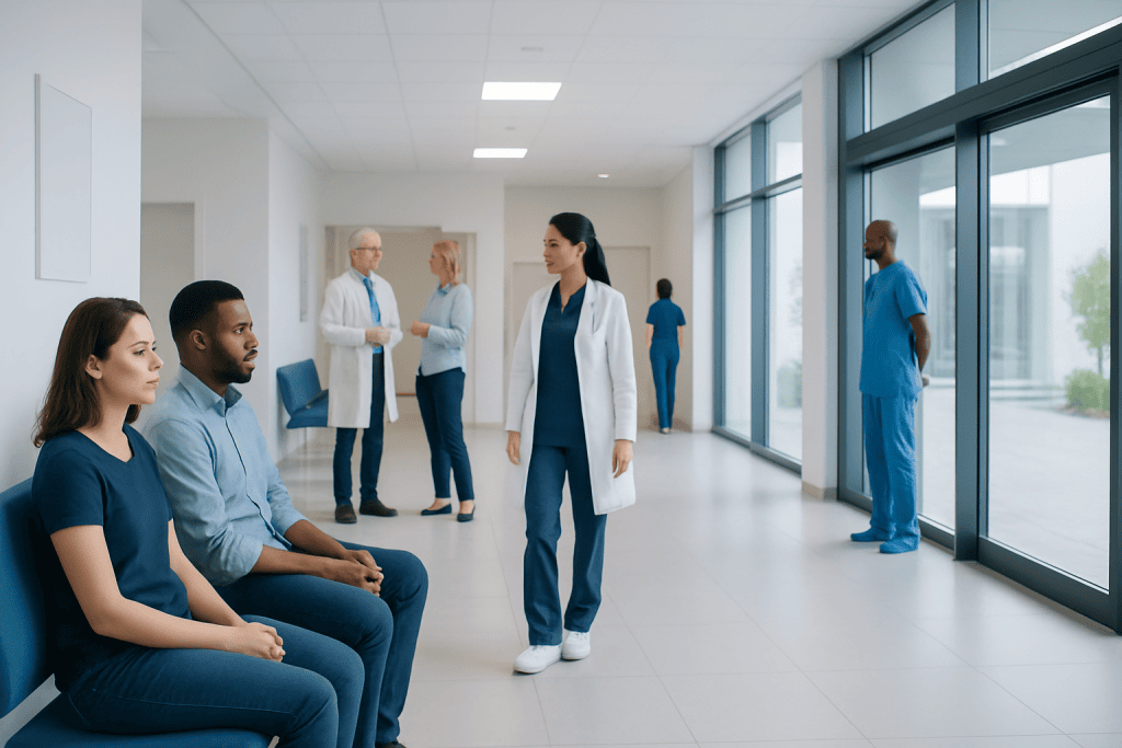 Corpus Luteum: A Complete Medical Overview 1 Medical professionals and patients in a hospital corridor with large windows.