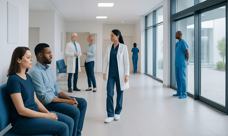 Medical professionals and patients in a hospital corridor with large windows.