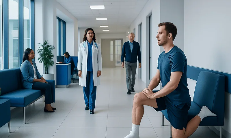 Patient doing stretching exercise in hospital corridor with medical staff nearby.
