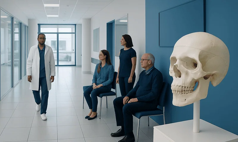 Medical consultation with a skull model in a modern hospital corridor.