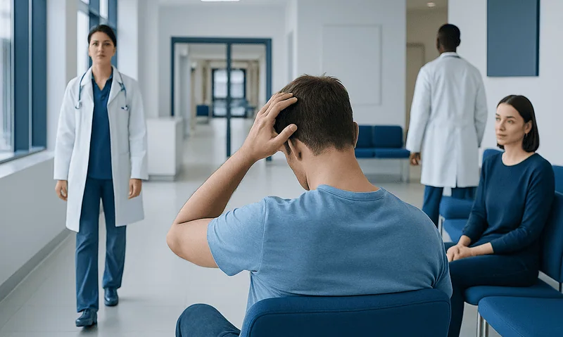 Patient in a hospital waiting area with medical staff nearby.
