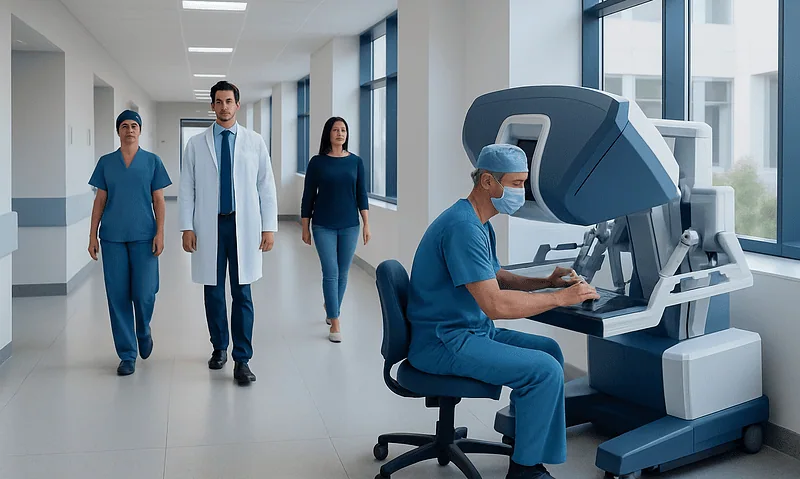 Medical team in hospital corridor with Da Vinci surgical robot.