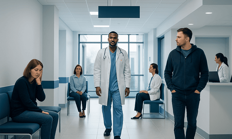 Medical team consulting patients in a hospital corridor at Acibadem Hospitals Group.