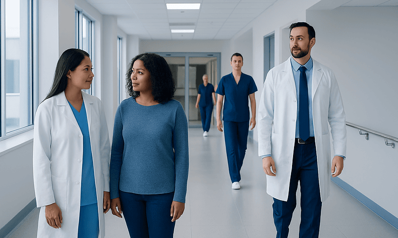 Medical team walking in hospital corridor with doctors and nurse.