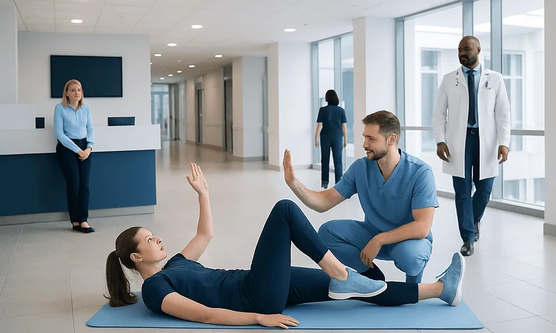 Physical therapy session with a patient and therapist in hospital corridor.