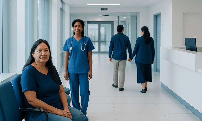Healthcare professionals and patients in a modern hospital corridor.