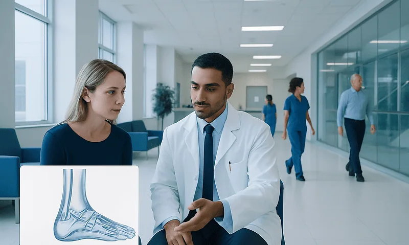 Doctor explaining ankle injury to patient in hospital corridor.