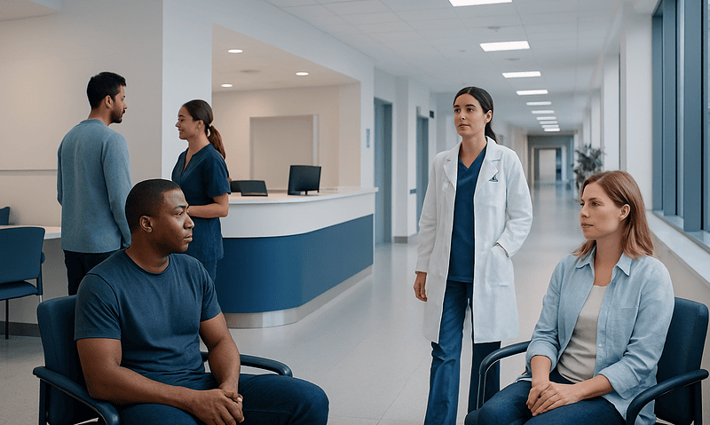Medical consultation in a modern hospital corridor with patients and healthcare professionals.