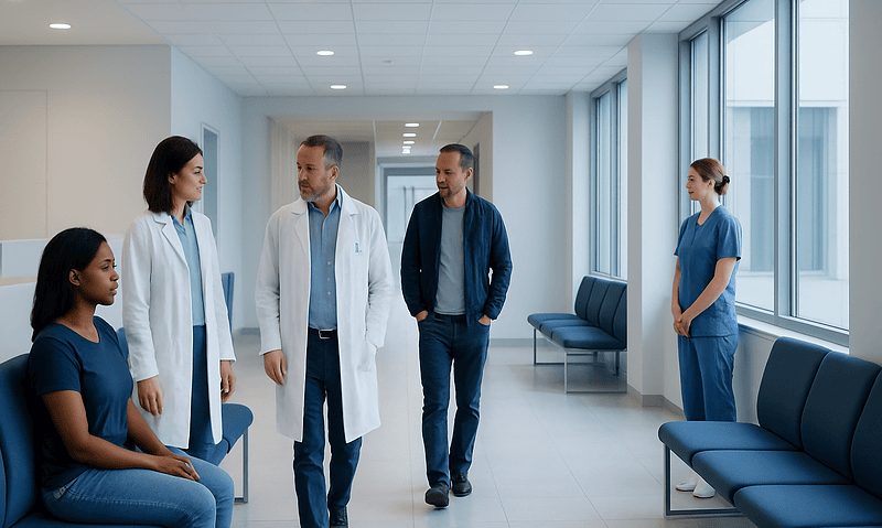 Medical team discussing patient care in hospital corridor.
