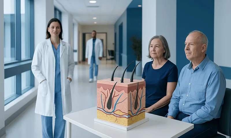 Dermis layer model with patients and doctor in hospital corridor.