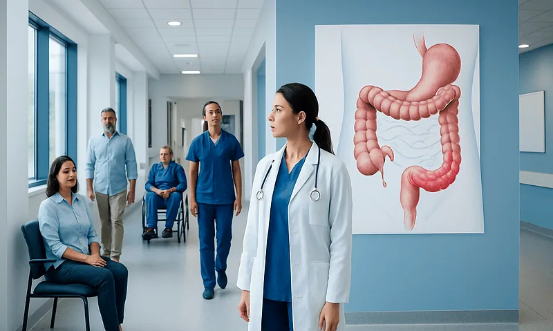 Descending Colon — Explained by Medical Evidence, Not Myths 4 Medical team in hospital corridor with large colon illustration on wall.