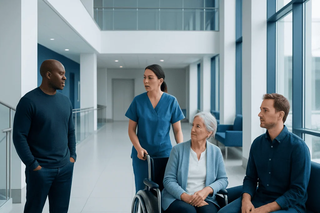 How a Diagnosis Is Made: From Symptoms to Tests and Results 1 Hospital staff discussing patient care in a modern healthcare facility.