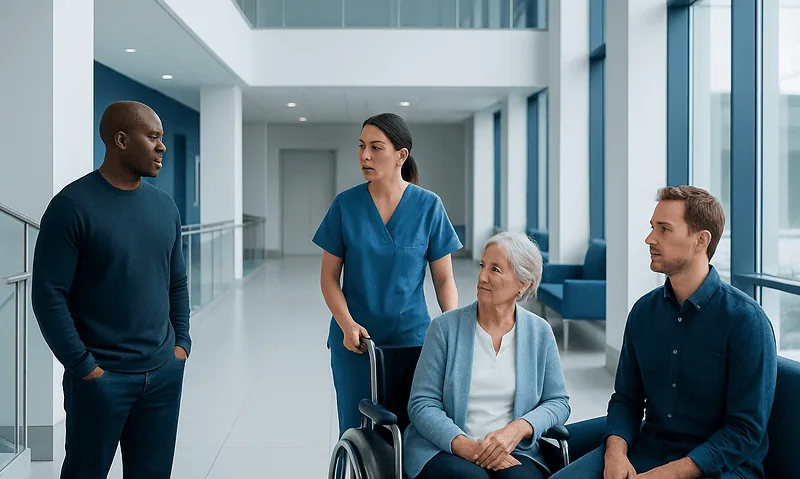Hospital staff discussing patient care in a modern healthcare facility.