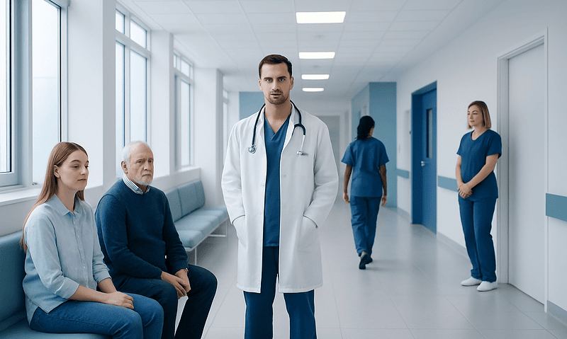 Medical team in hospital corridor with patients and staff.