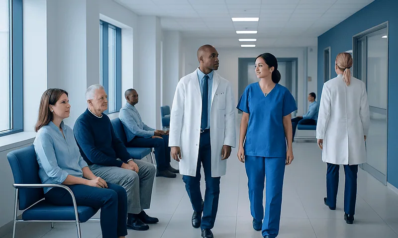 Medical team consulting patients in hospital corridor.