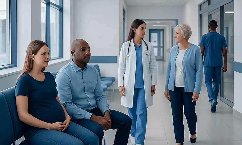 Medical consultation in hospital corridor with diverse patients and healthcare staff.