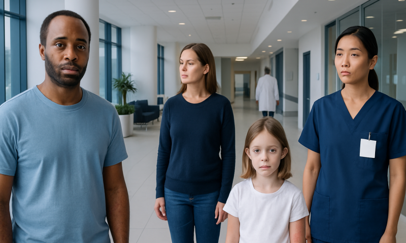 Diverse group of patients and healthcare professional in hospital corridor.