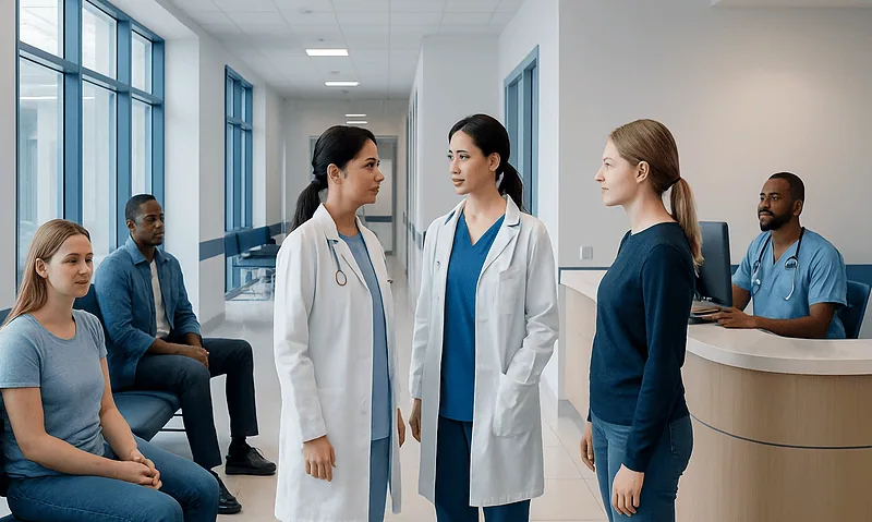 Medical professionals discussing patient care in a hospital corridor.