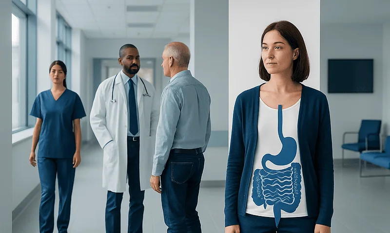 Patient and doctors discussing in hospital corridor with digestive system illustration.