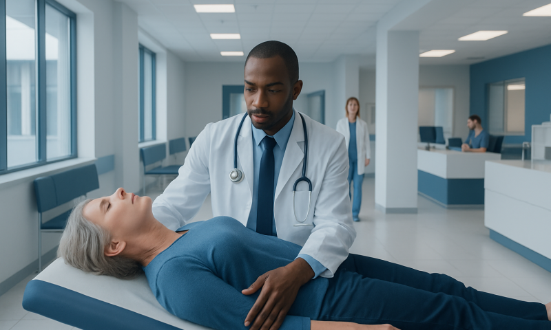 Doctor examining a patient in a hospital corridor with medical staff in background.