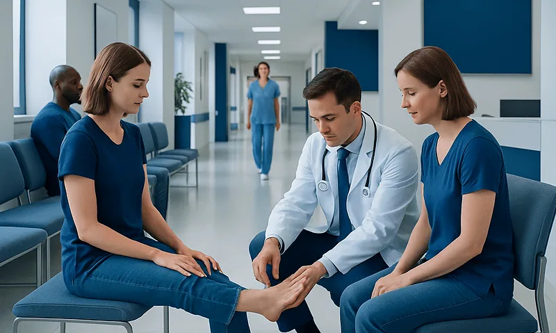Doctor examining a patient's foot in a hospital corridor.