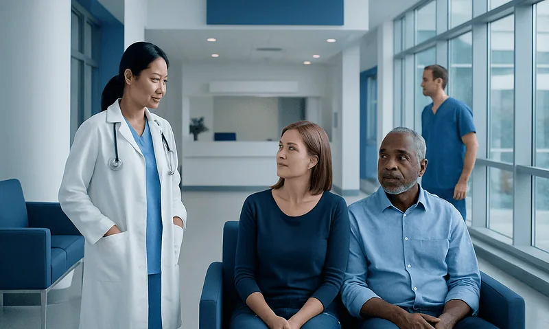 Doctor consulting with two patients in a modern hospital waiting area.