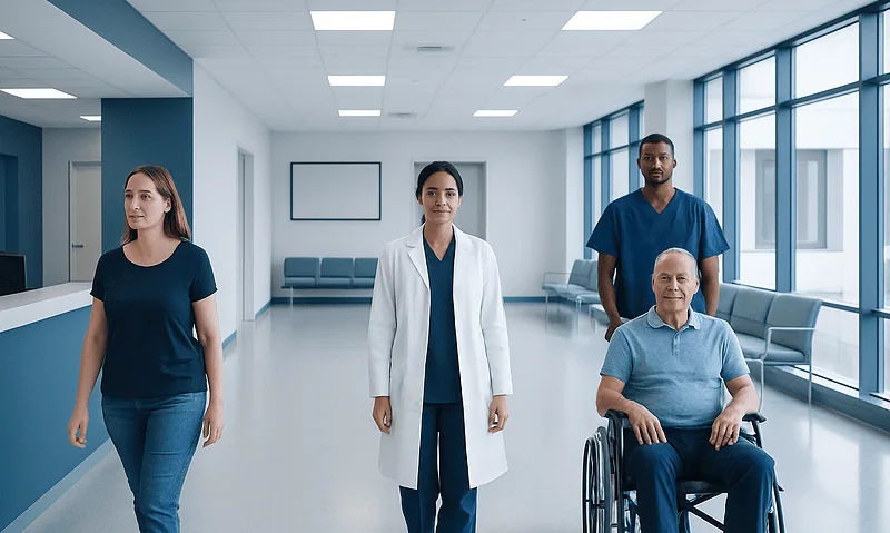 Diverse healthcare team in hospital corridor with patient in wheelchair.