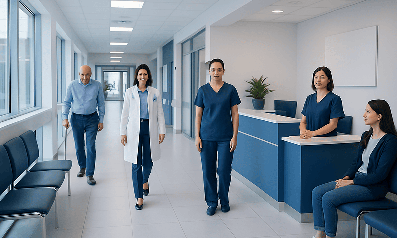 Medical staff in hospital corridor with patients and doctors.